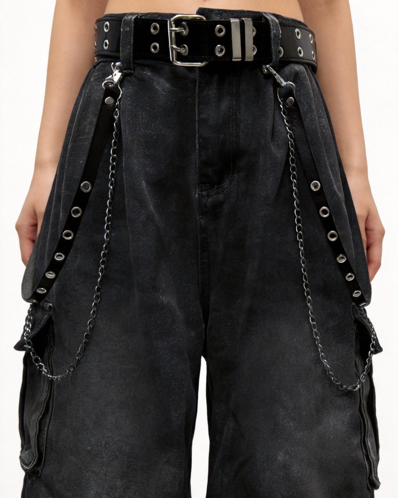 Washed Pocket Cargo Pants(Free Belt and Chain Included)