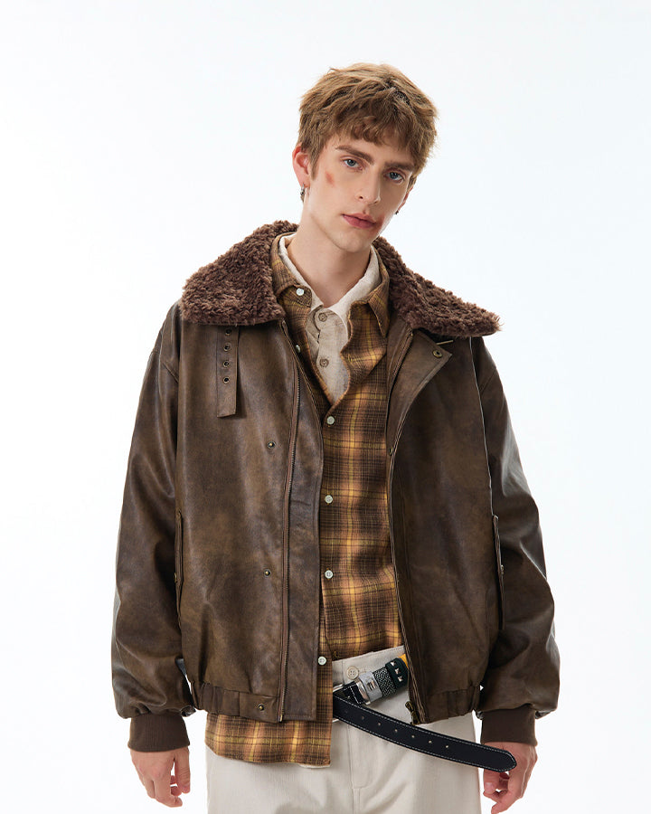 Vintage Mountain Eagle Detachable Leather Jacket