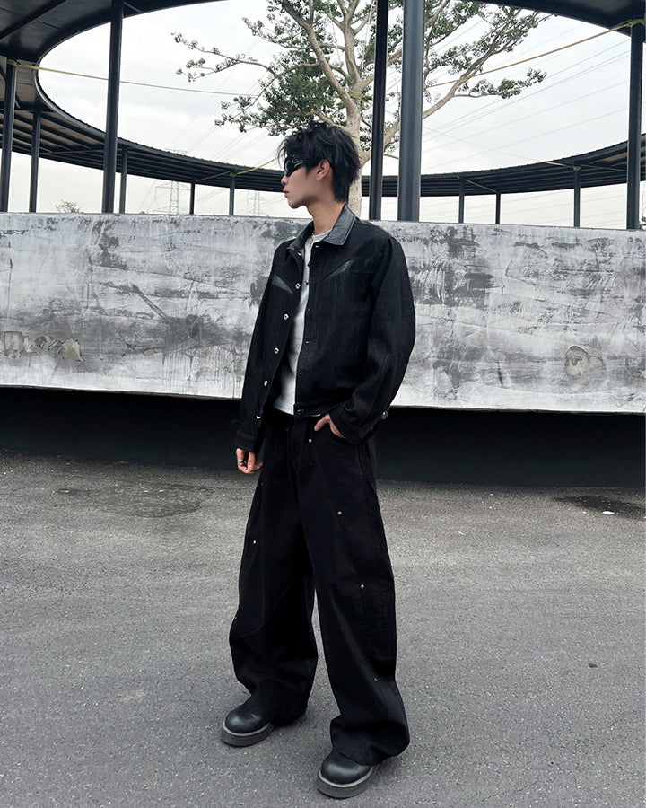 Raw Denim Leather Patchwork Jacket