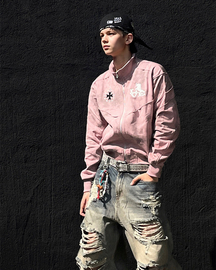 Vintage Wash Embroidered Zip Sweatshirt Jacket