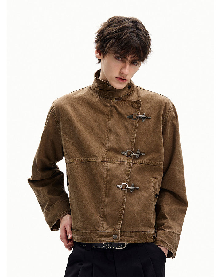 Buckled Stand-Collar Aircraft Buckle Utility Jacket