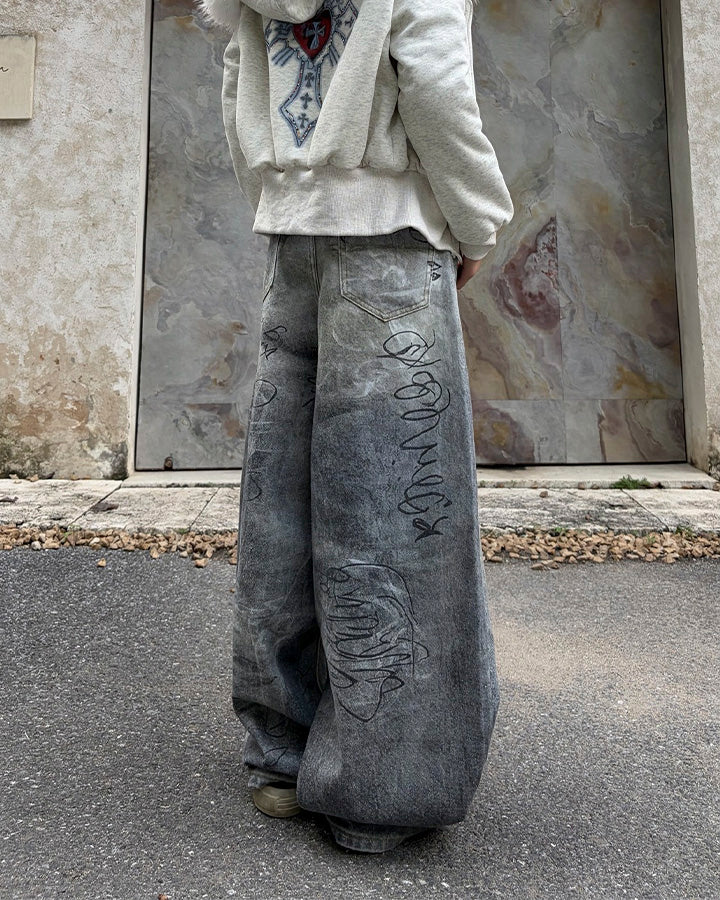 Graffiti Print Balloon Denim Pants