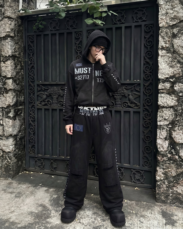 New Street Washed Distressed Curved Track Pants