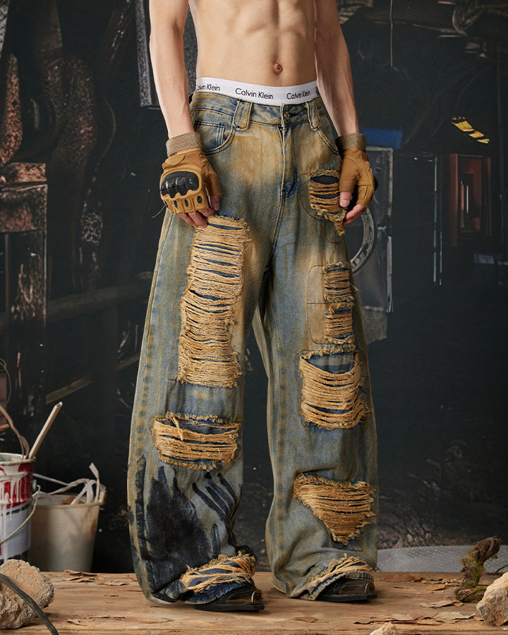 High-Street Distressed Curved-Leg Denim Jeans