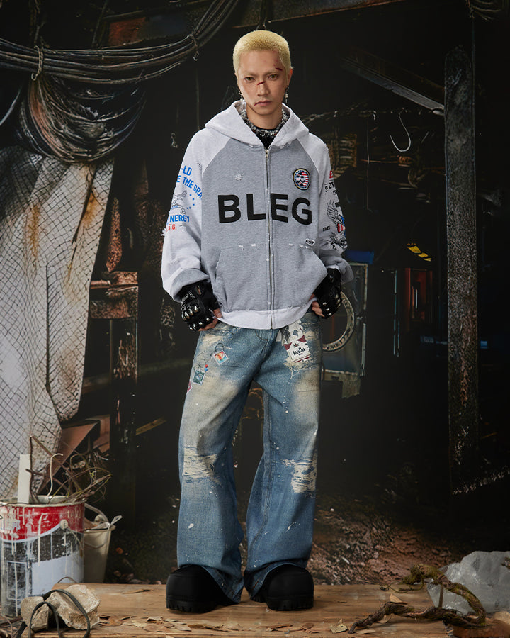 American 3D Digital Print Double Waistband Jeans