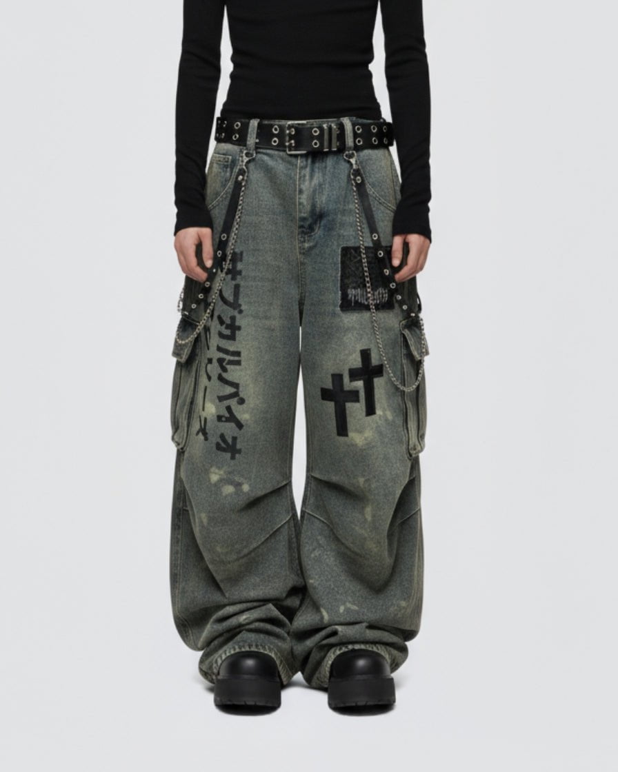 Dark Graffiti Patchwork Cargo Jeans(Free Belt and Chain Included)