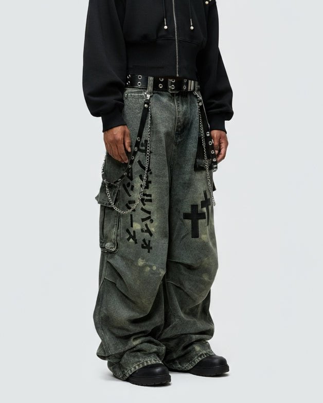 Dark Graffiti Patchwork Cargo Jeans(Free Belt and Chain Included)