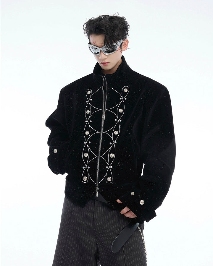 Metallic Button Stand Collar Design Jacket