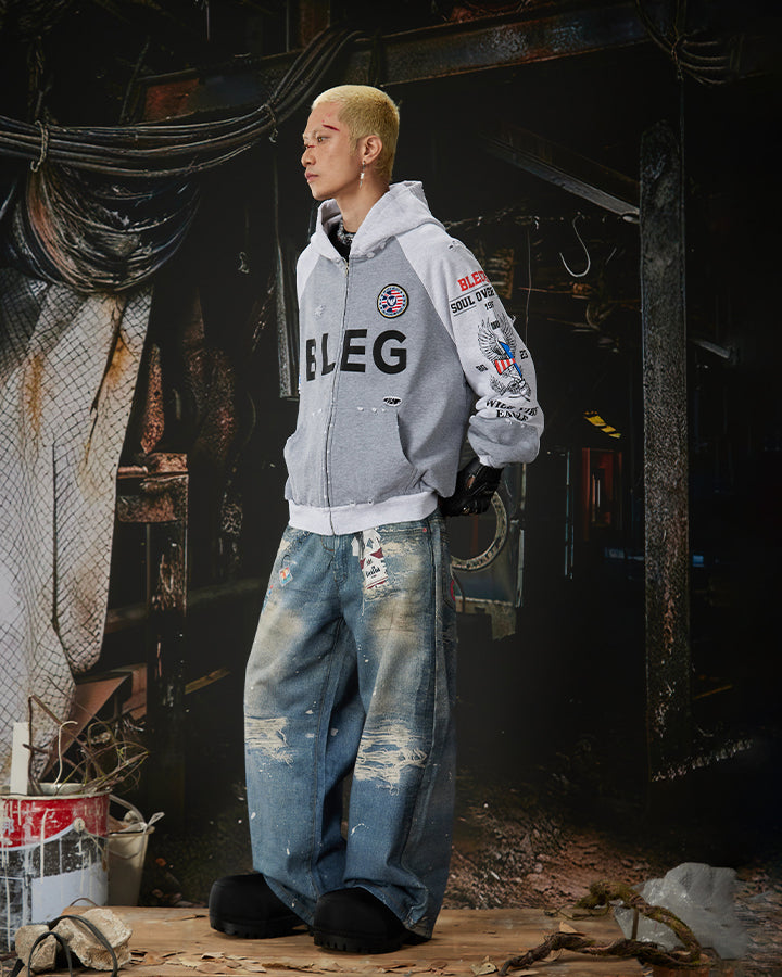 American 3D Digital Print Double Waistband Jeans