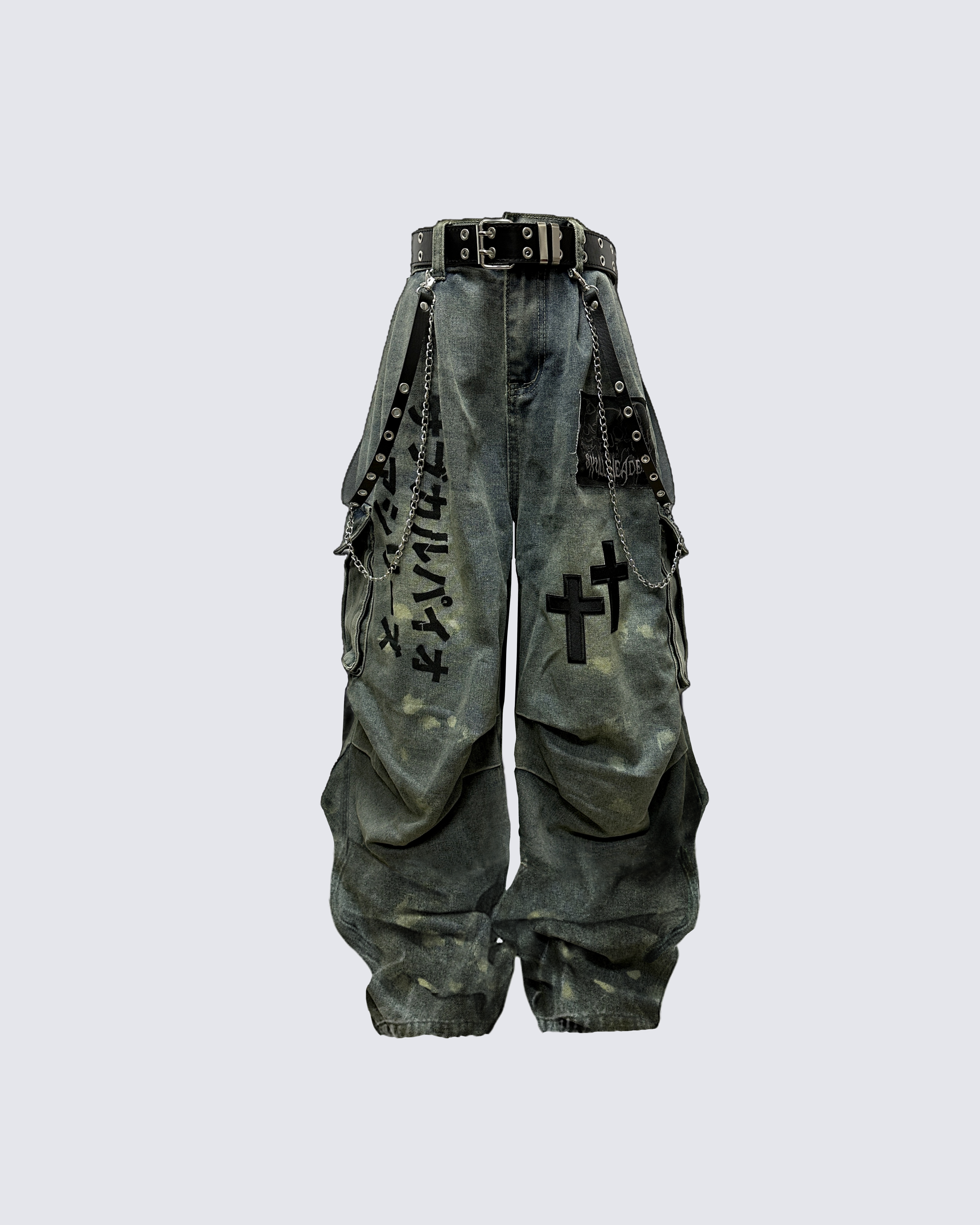 Dark Graffiti Patchwork Cargo Jeans(Free Belt and Chain Included)