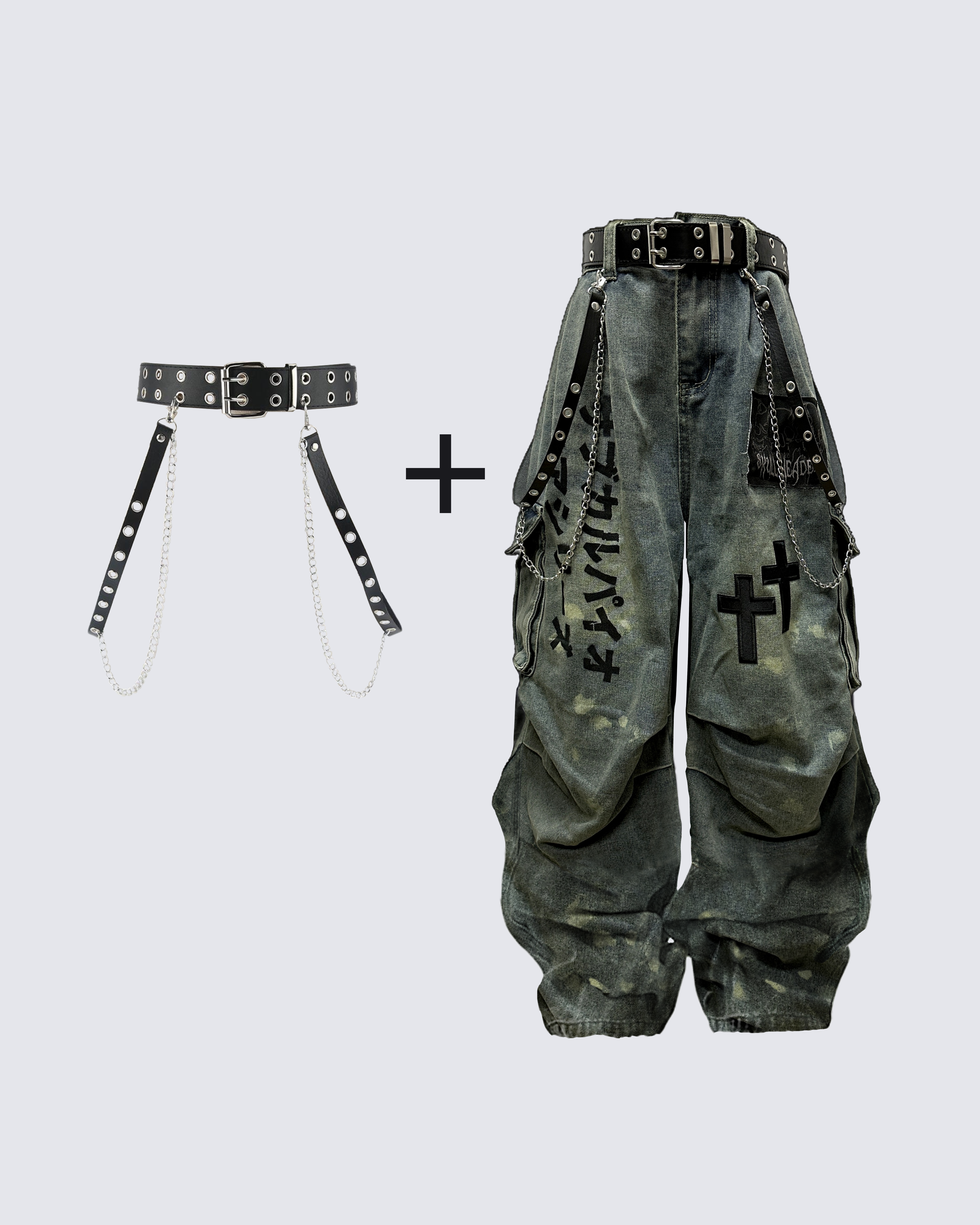 Dark Graffiti Patchwork Cargo Jeans(Free Belt and Chain Included)