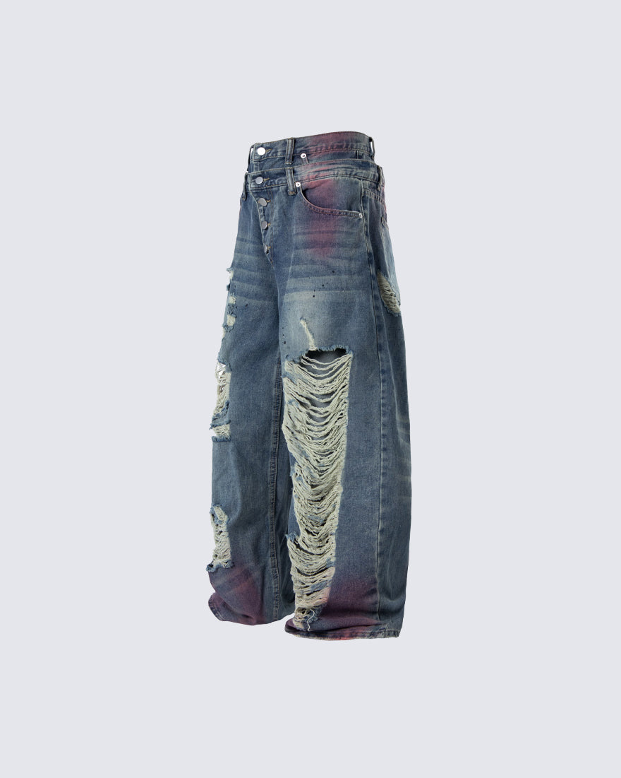 New Double Waist Spray Distressed Jeans