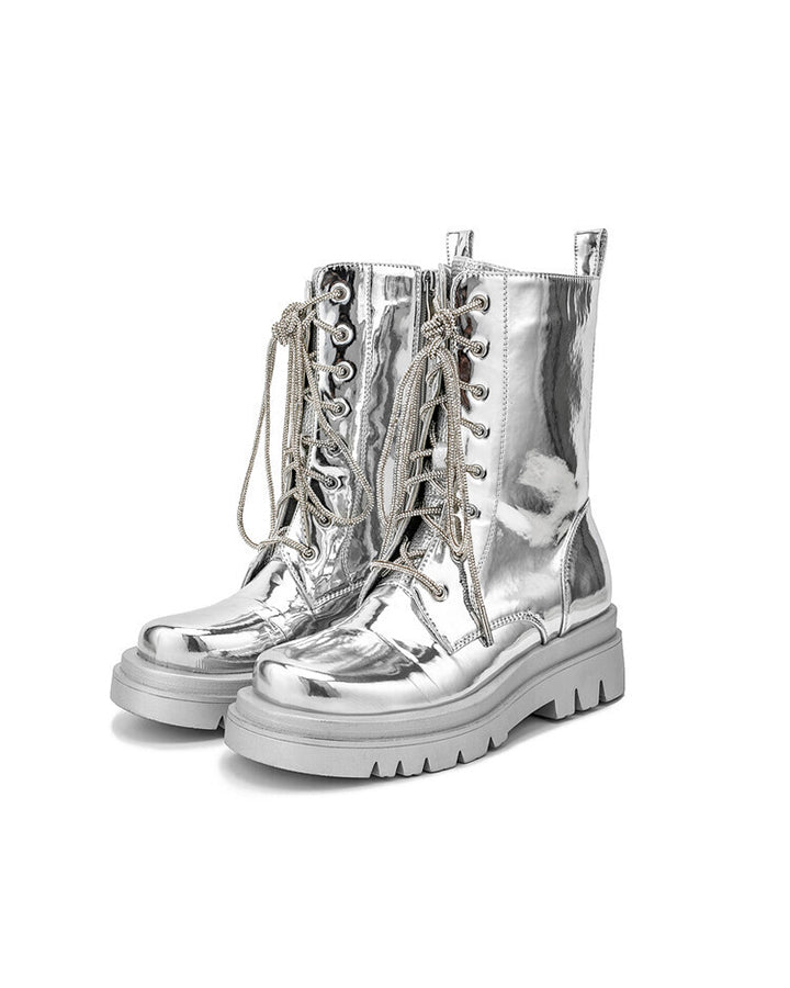 Metallic Lace-Up Platform Combat Boots