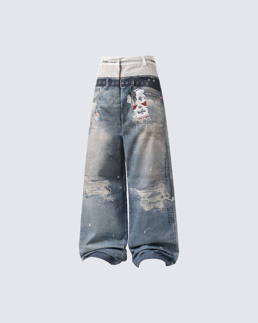 American 3D Digital Print Double Waistband Jeans