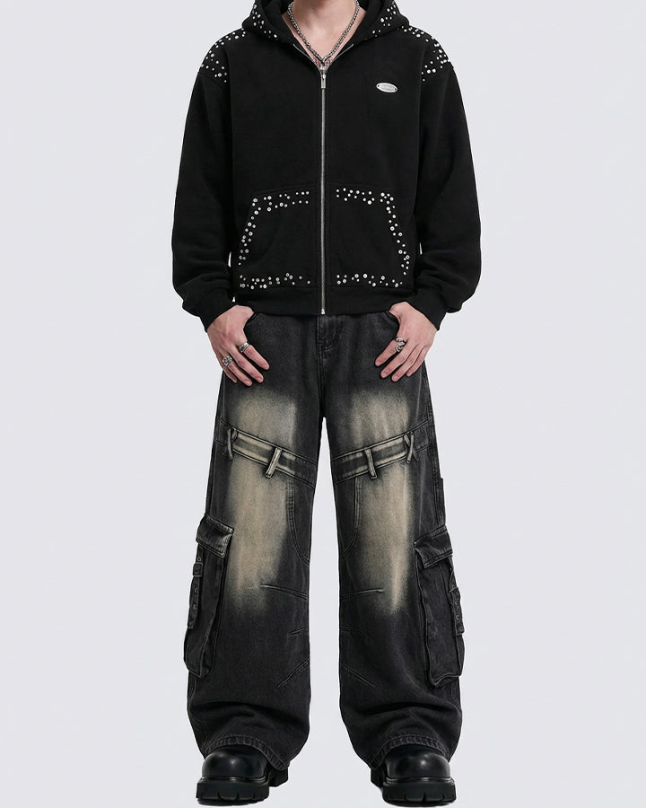 Washed Cargo Wide-Leg Denim Pants