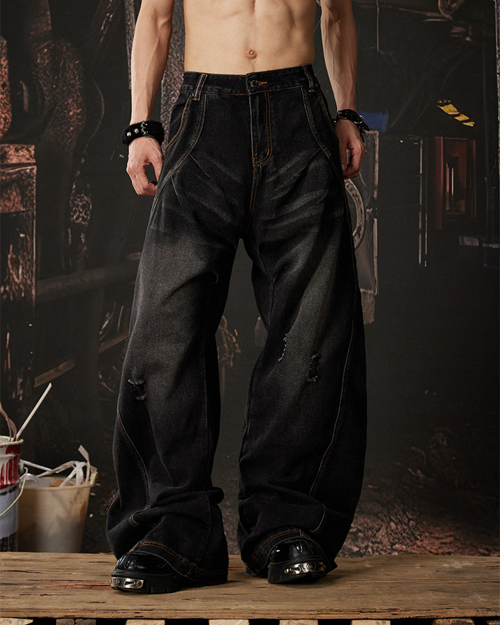 Distressed Deconstructed Washed Curved-Leg Jeans