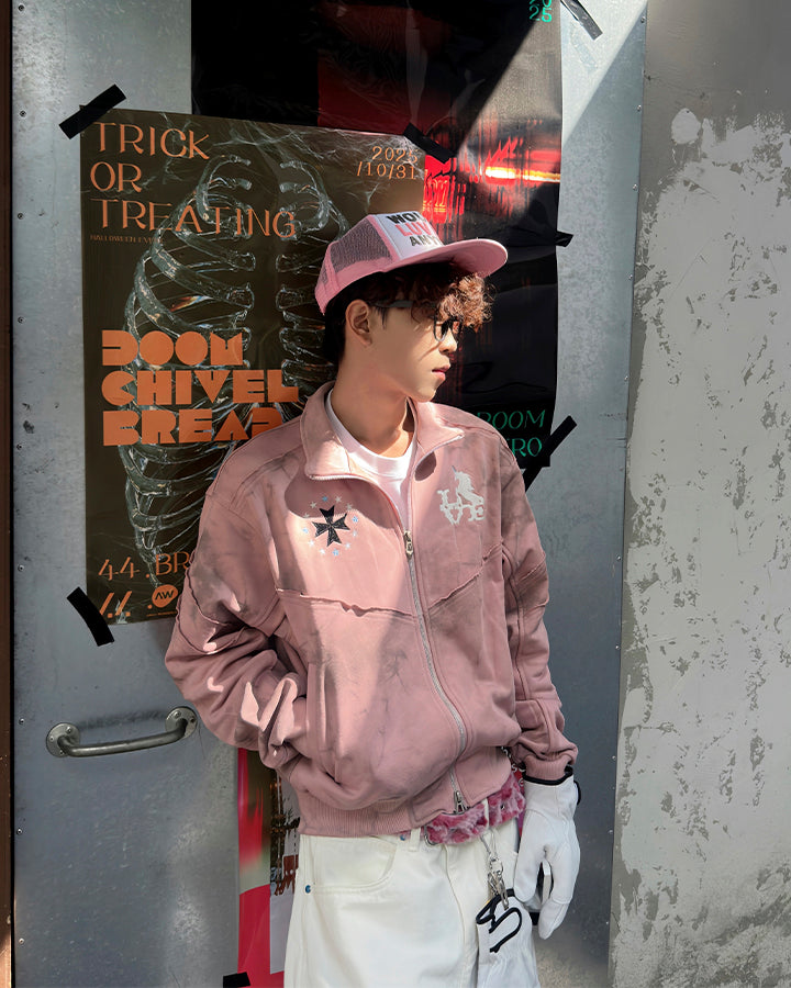 Vintage Wash Embroidered Zip Sweatshirt Jacket