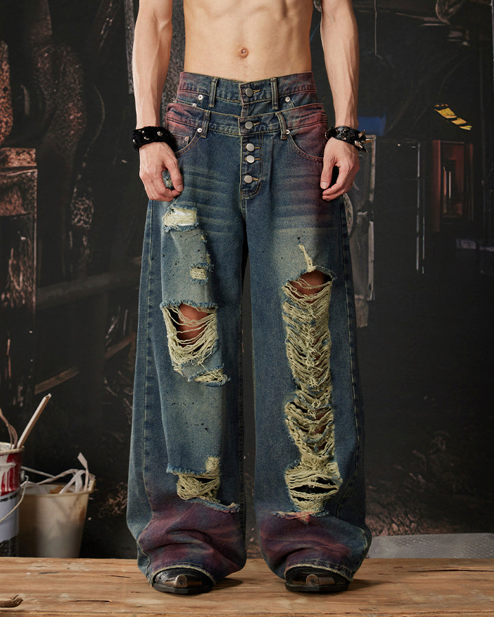 New Double Waist Spray Distressed Jeans