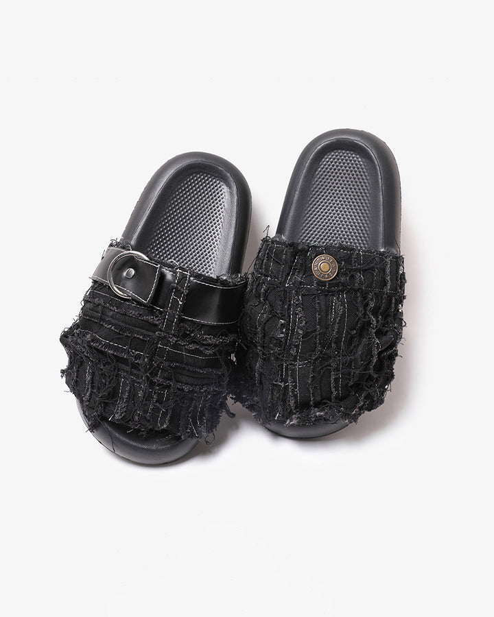 New Black Frayed Denim Platform Slides