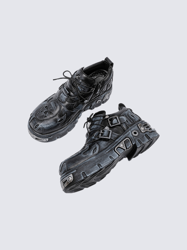 Gothic Skull Flame Buckle Platform Boots