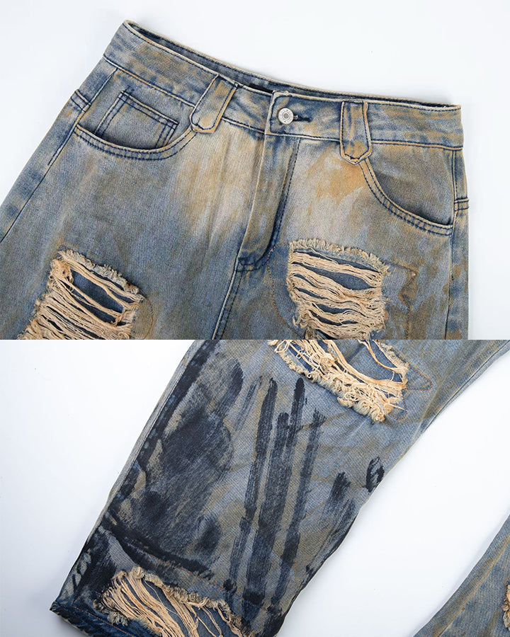 High-Street Distressed Curved-Leg Denim Jeans