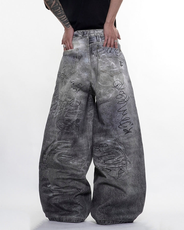 Graffiti Print Balloon Denim Pants