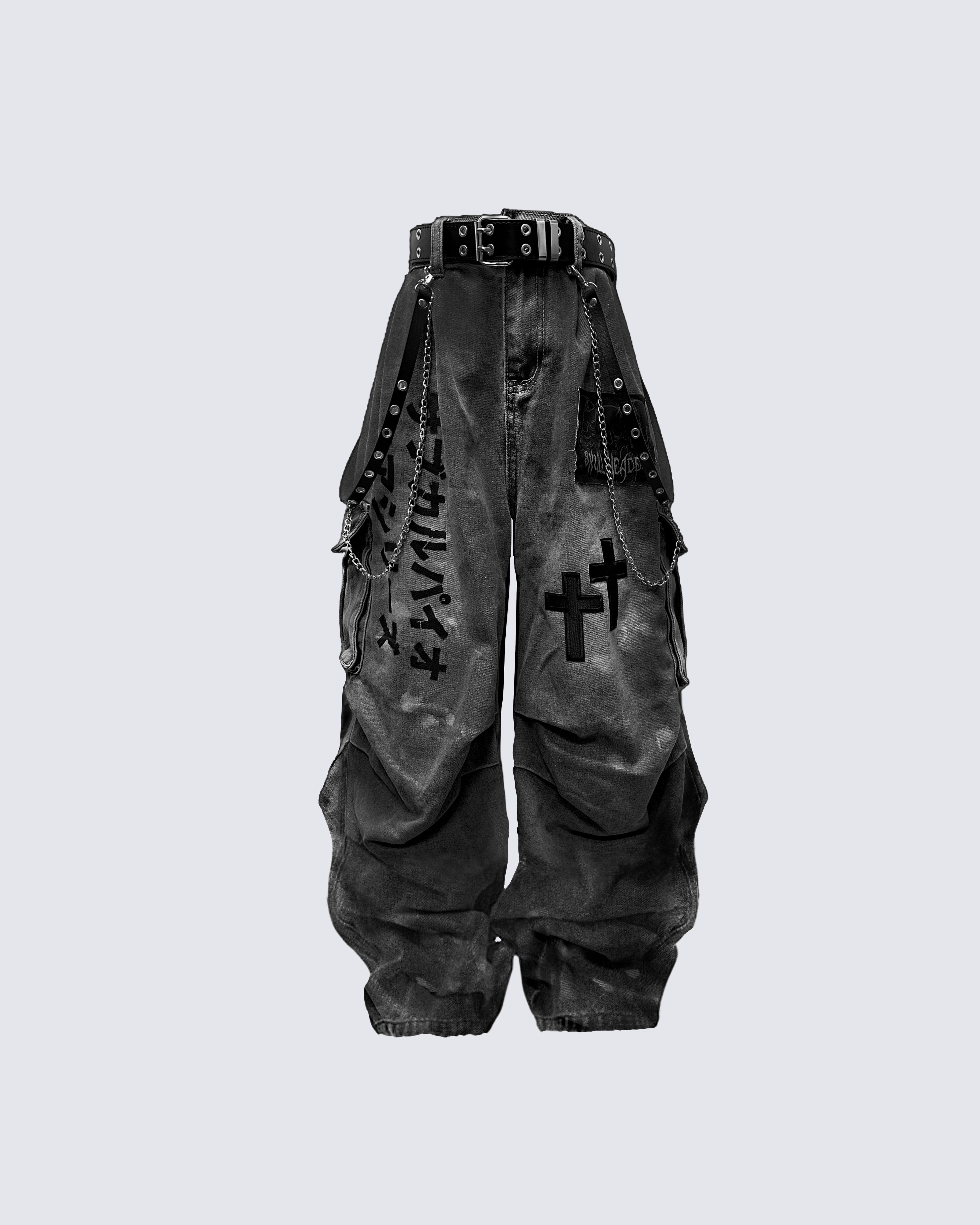 Dark Graffiti Patchwork Cargo Jeans(Free Belt and Chain Included)
