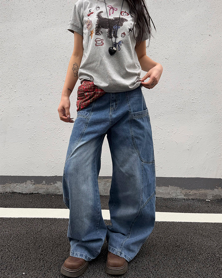 Washed Panel Design Loose Fit Denim Pants