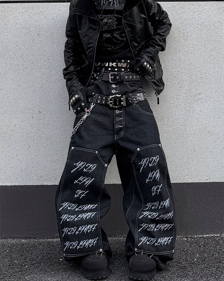 Double Waist Script Denim Pants