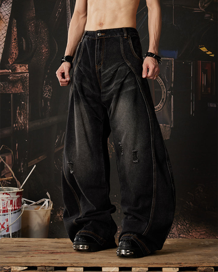 Distressed Deconstructed Washed Curved-Leg Jeans