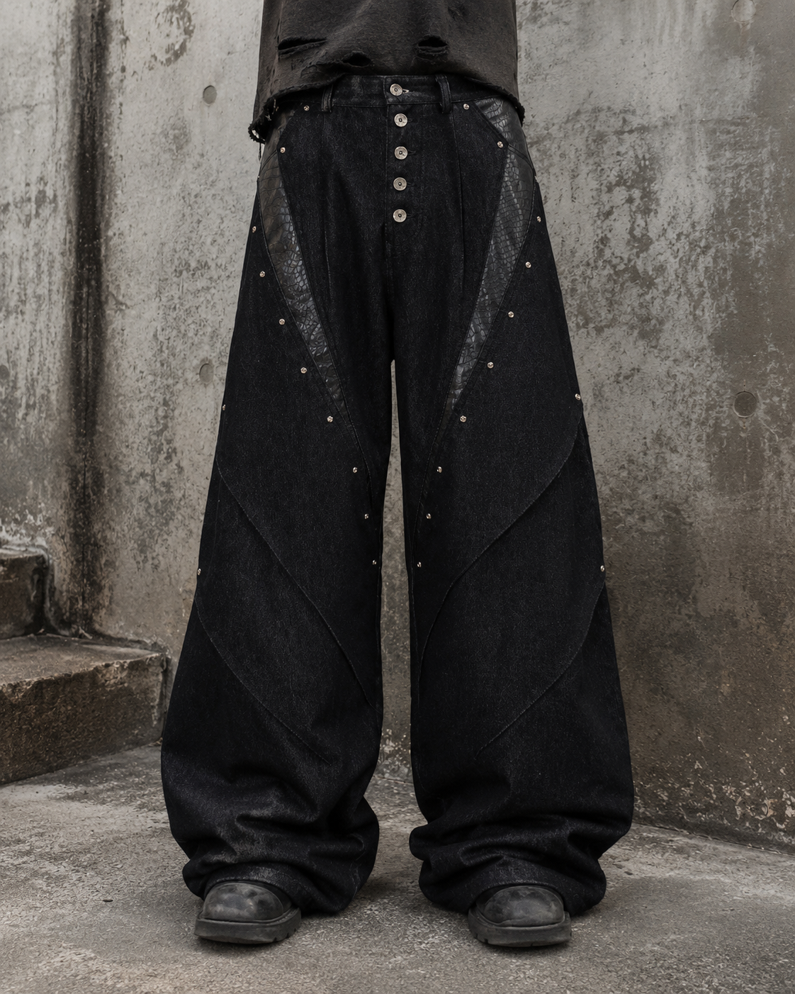 Retro Studded Button-Front Denim Pants