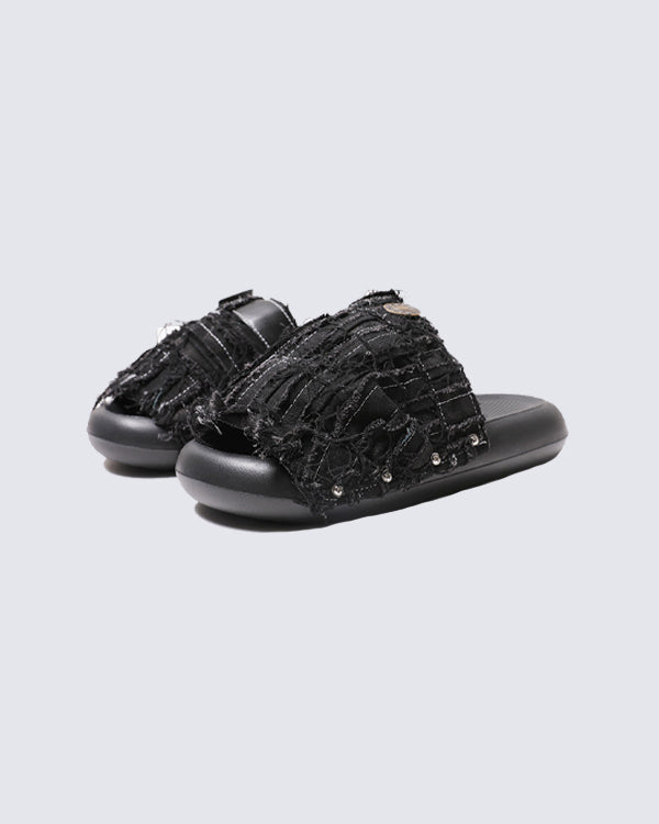 New Black Frayed Denim Platform Slides