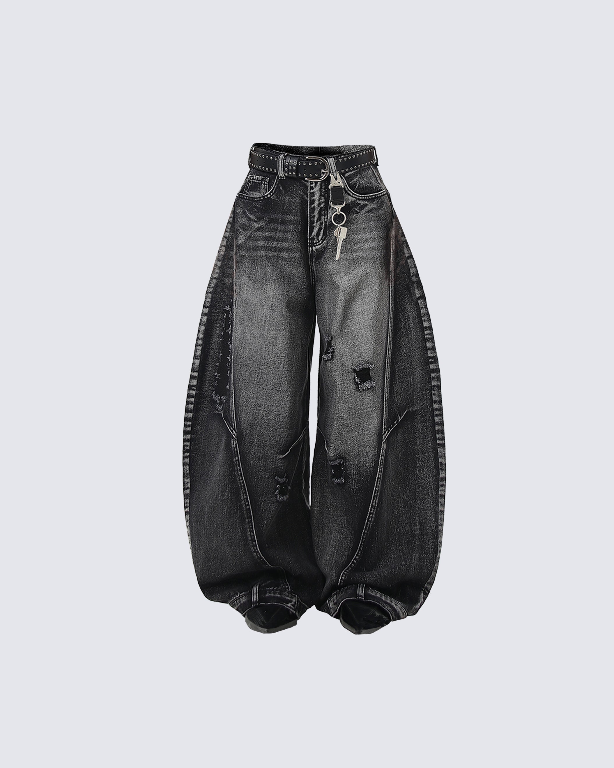 Distressed Washed Loose Blade-Cut Jeans
