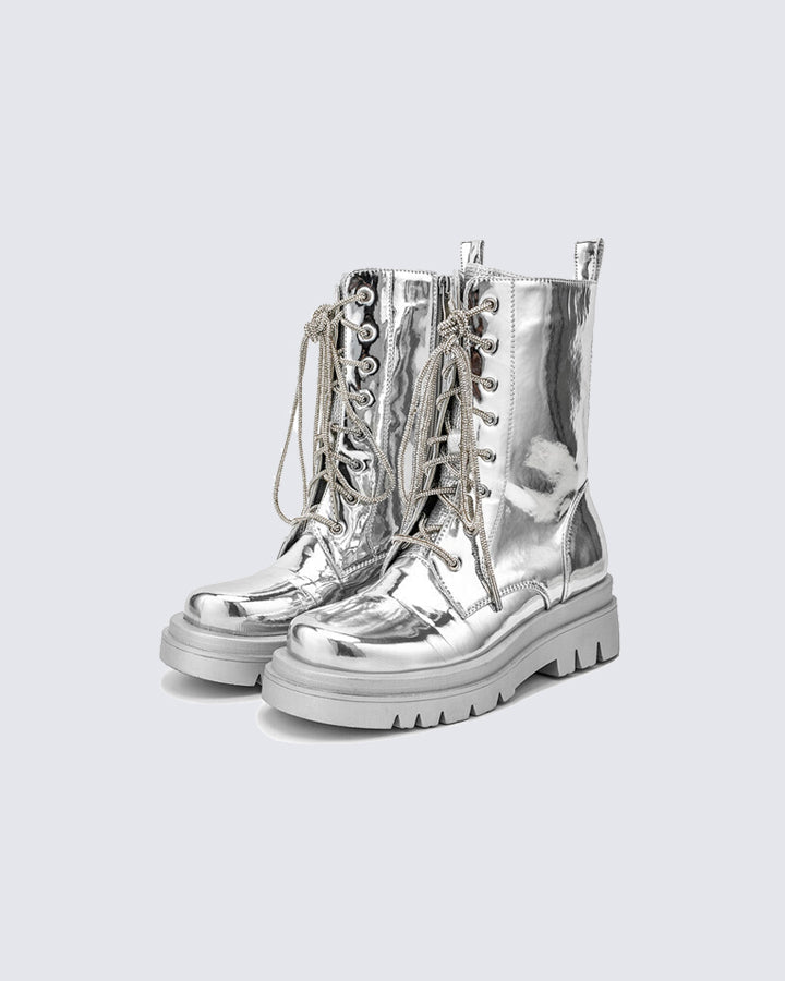 Metallic Lace-Up Platform Combat Boots