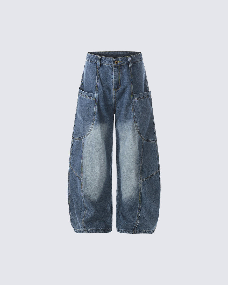 Washed Panel Design Loose Fit Denim Pants