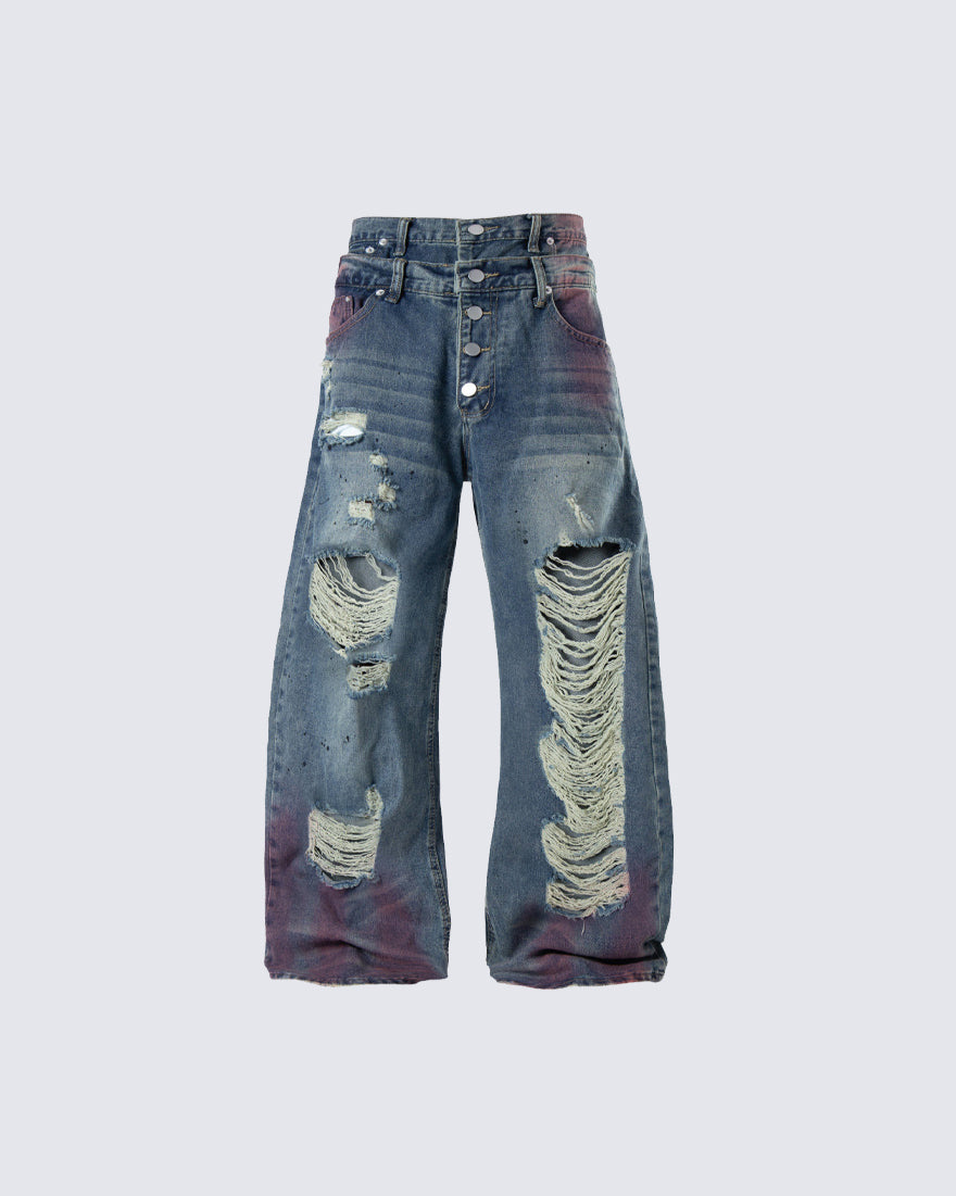New Double Waist Spray Distressed Jeans