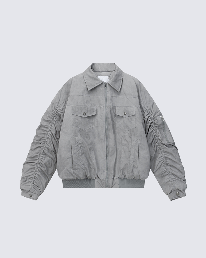 Ruched Sleeve Fleece-Lined Bomber Jacket