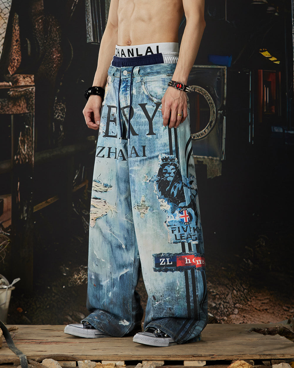 New Triple Waistband 3D Print Street Wide Pants