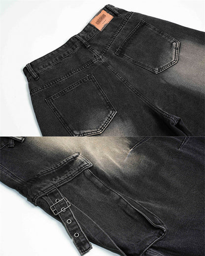 Washed Cargo Wide-Leg Denim Pants