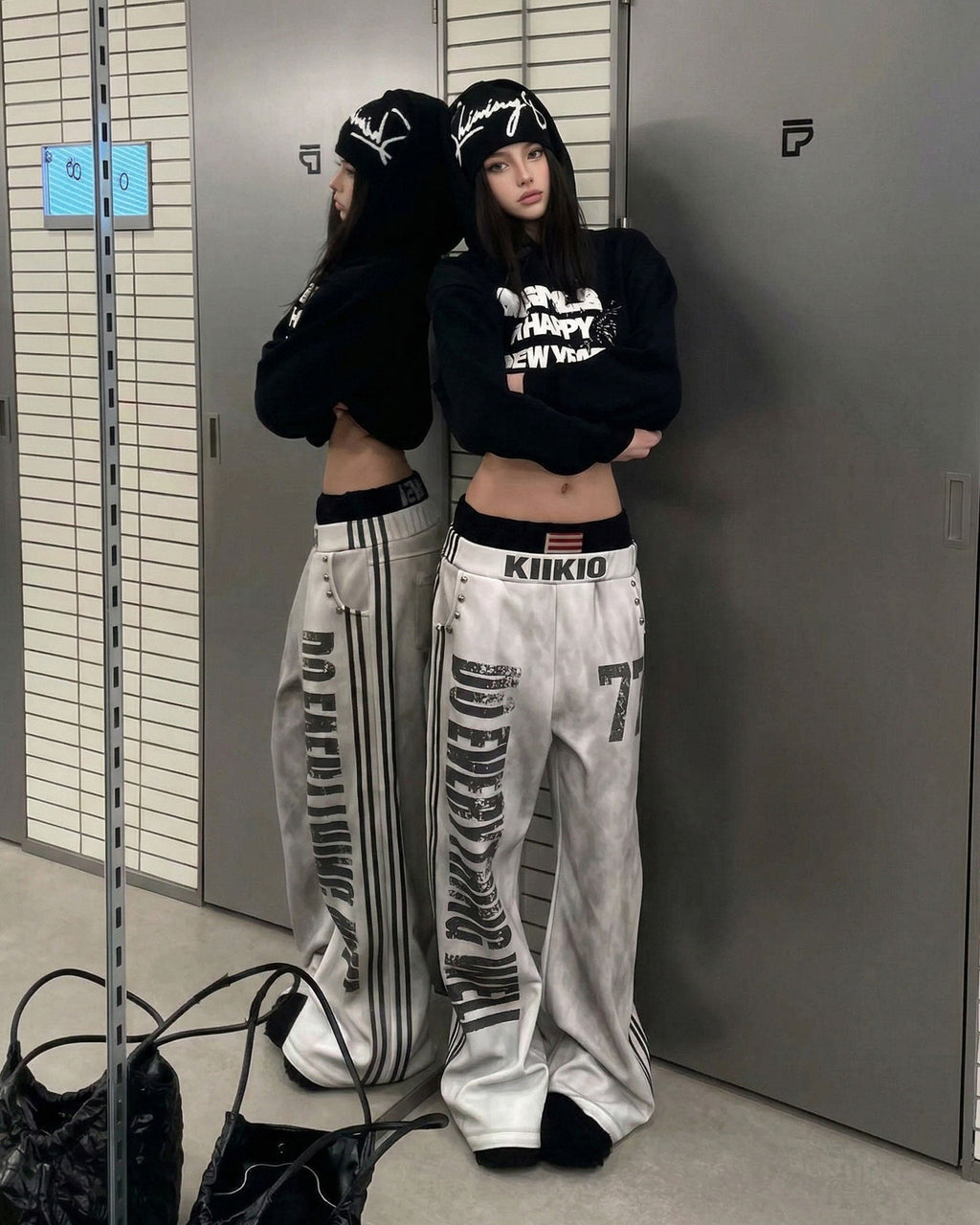 New Double Waist Letter Print Wide-Leg Pants
