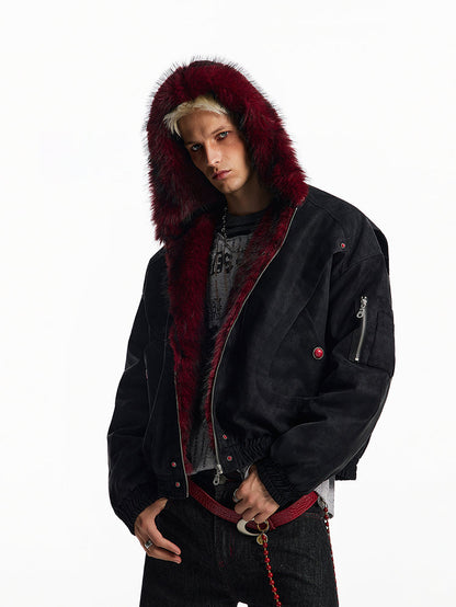 American Retro Fur-Collar Fleece-Lined Cotton Jacket