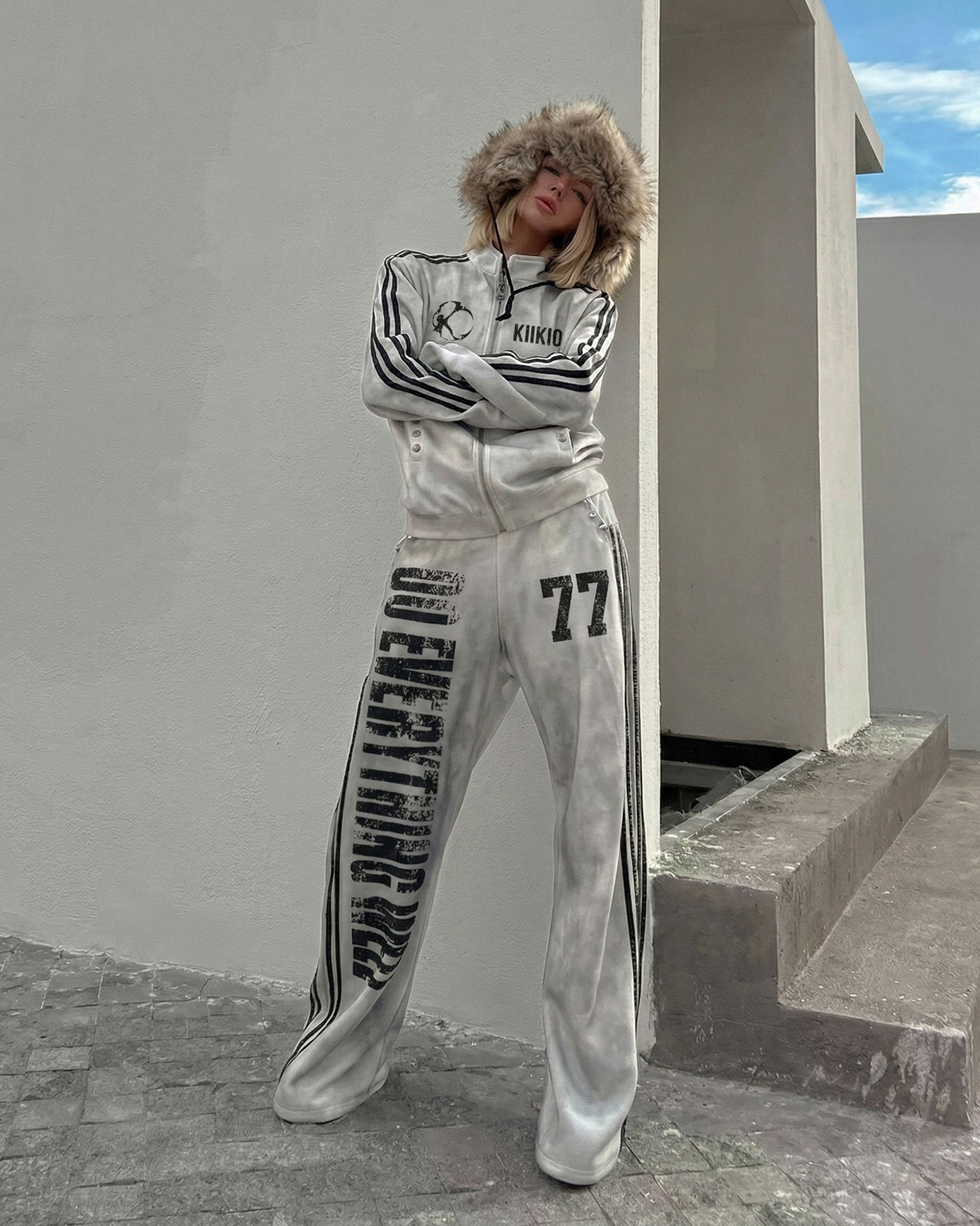 New Double Waist Letter Print Wide-Leg Pants