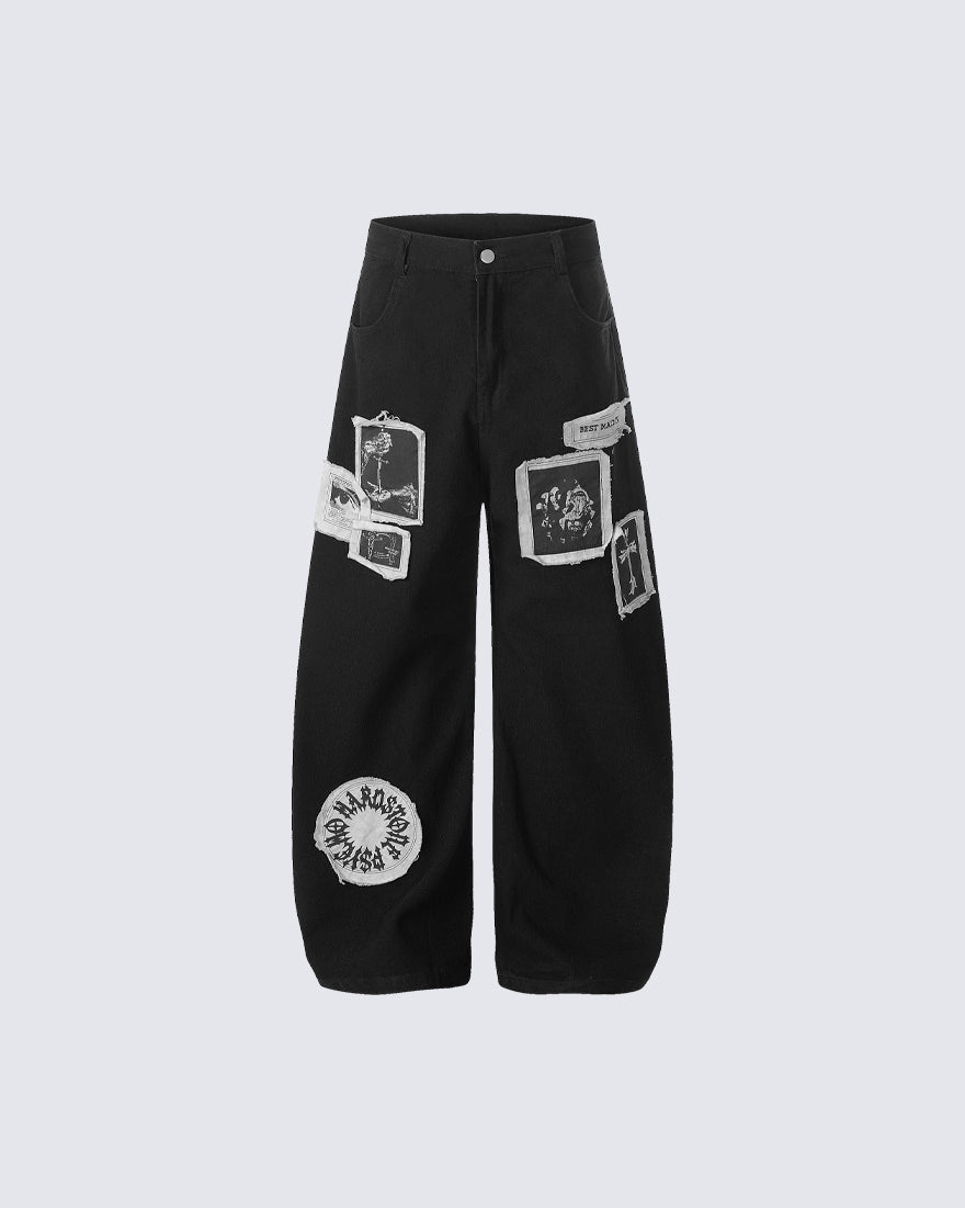 Graphic Patch Wide Leg Denim Pants