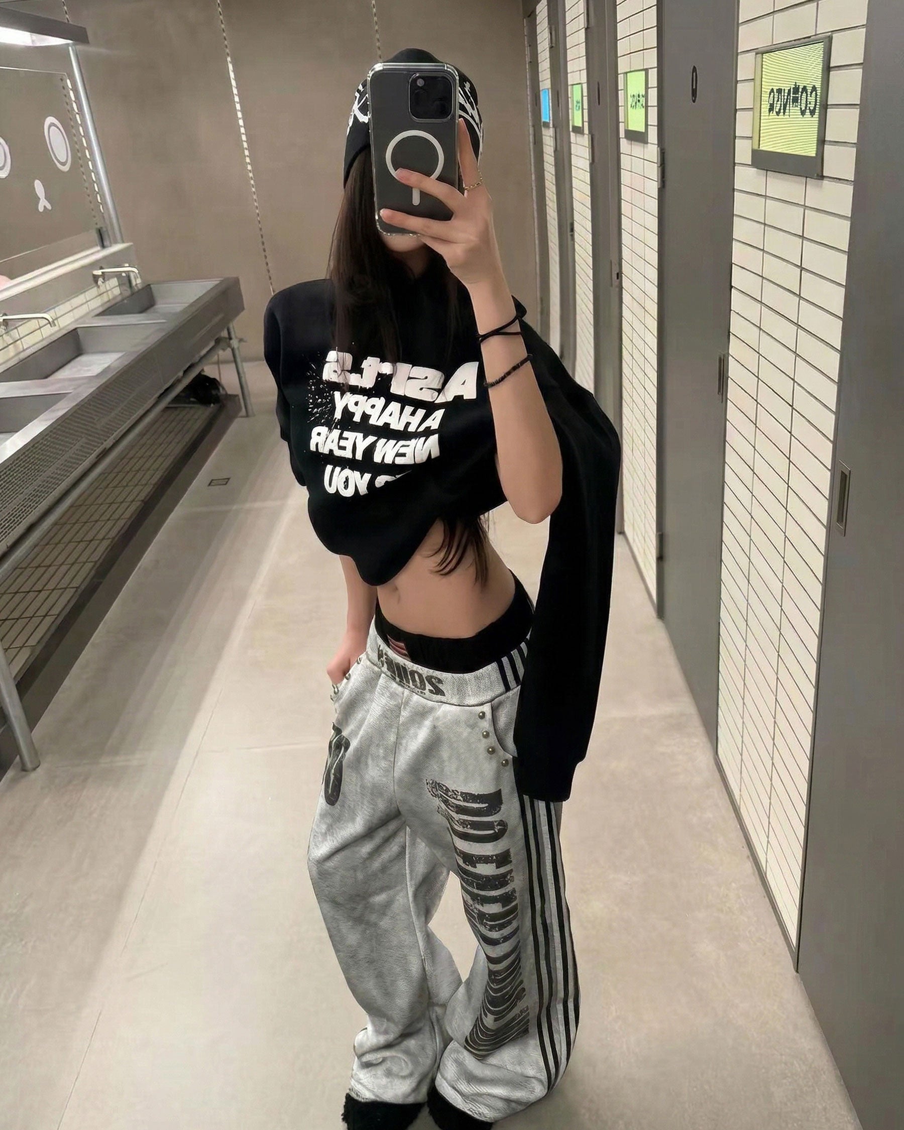 New Double Waist Letter Print Wide-Leg Pants