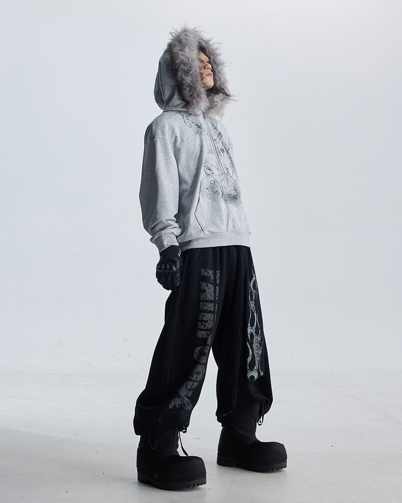 Totem Print Tie-Waist Scimitar Relaxed Wide-Leg Sweatpants