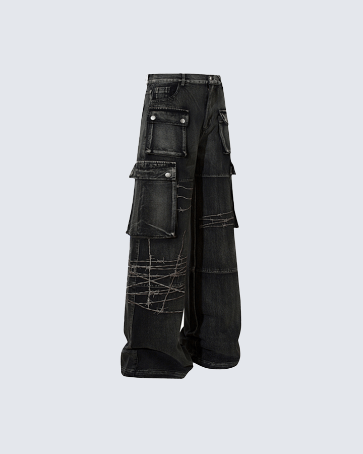 Distressed Black Cargo Pants with Multiple Pockets