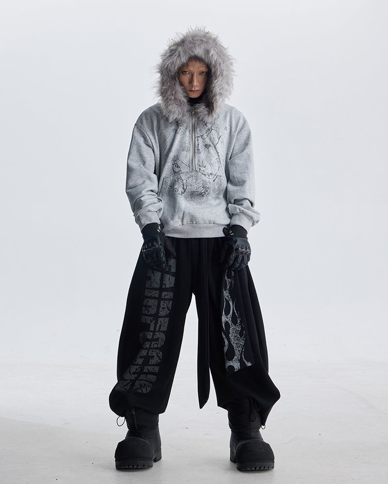 Totem Print Tie-Waist Scimitar Relaxed Wide-Leg Sweatpants