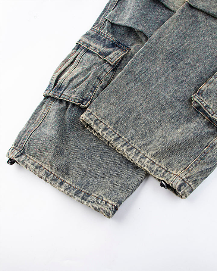 Washed Denim Multi-Pocket Cargo Pants