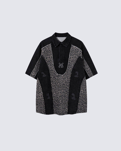 American Retro Leopard Print Patchwork Frayed Short-Sleeved Shirt