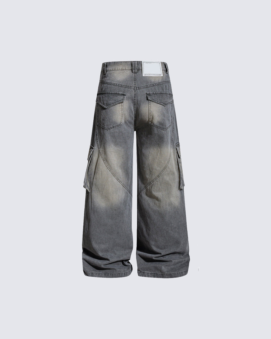 American-Style Distressed Vintage Washed Multi-Pocket Wide-Leg Jeans